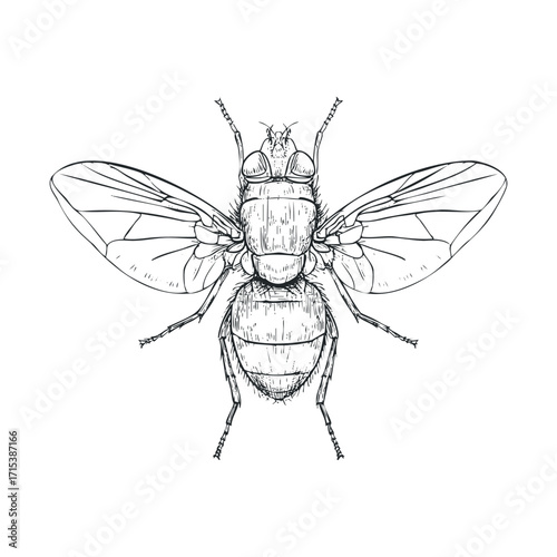 Detailed sketch of a fly showcasing its anatomy and wings. Vector hand drawn illustration

