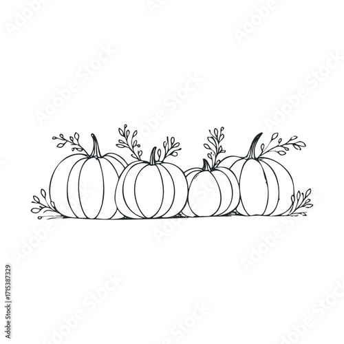 Autumn pumpkins with soft foliage for fall decoration and art. Vector hand drawn illustration

