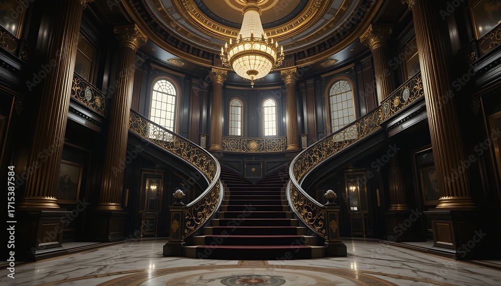 Obraz premium Lavish grand staircase with ornate golden details and elegant chandelier in a luxurious mansion