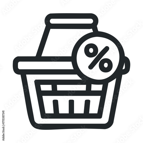 Shopping basket with discount symbol and sale concept for retail. Vector hand drawn illustration

