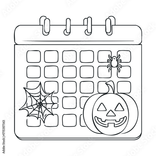 Halloween calendar with spooky decorations for event planning. Vector hand drawn illustration

