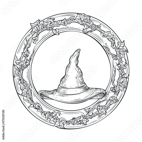 Magical sorting hat within a circular ivy frame for fantasy designs. Vector hand drawn illustration

