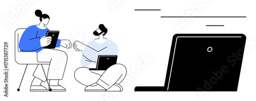 Two individuals discussing ideas with tablet and laptop, emphasizing teamwork, creativity and communication. Ideal for collaboration, technology, innovation, knowledge sharing, modern work culture