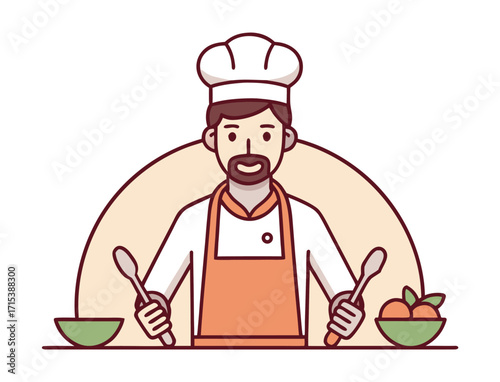 Cartoon Chef Preparing Food with Spoons and Ingredients Illustration Design