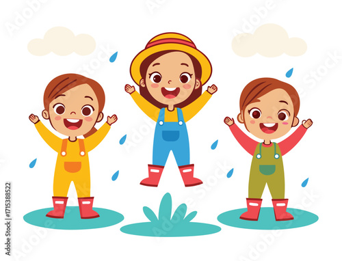 Cute cartoon children playing in the rain with joy and happiness