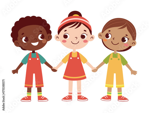 Illustration of three diverse children holding hands promoting unity and friendship