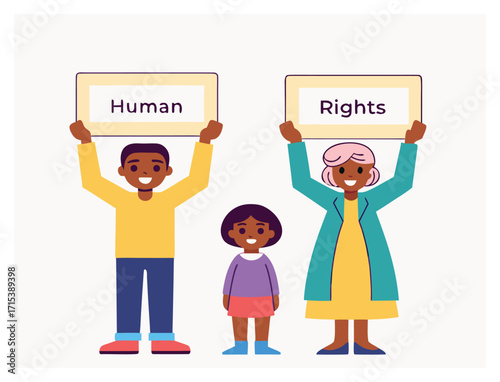 Diverse family holding signs for human rights and equality promotion