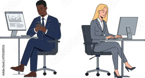Business office illustration with male professional using smartphone and female employee working on computer at desk workplace corporate environment