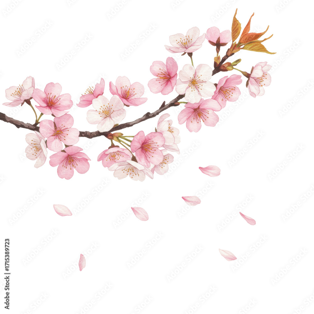 Obraz premium Watercolor painting of a cherry blossom branch with falling petals isolated PNG with Transparent Background