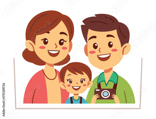 Cartoon illustration of happy family portrait inside photograph frame concept
