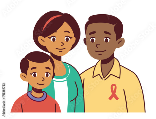Happy African American Family Together with World AIDS Day Awareness Ribbon