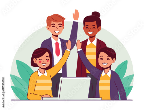 Diverse team celebrating success with a high five near the laptop computer