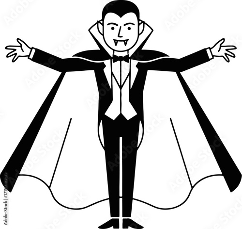 A monochrome depiction of a vampire character with outstretched arms, wearing a cape.