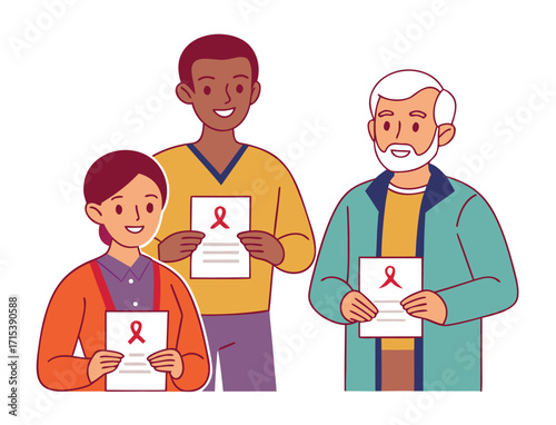Diverse group of people supporting AIDS awareness holding red ribbon posters