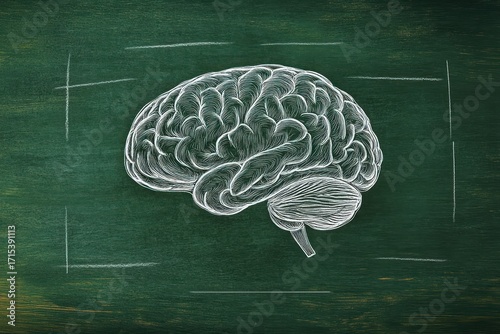 Detailed chalk drawing of a human brain on a green chalkboard with a rectangular frame emphasizing the brain illustration