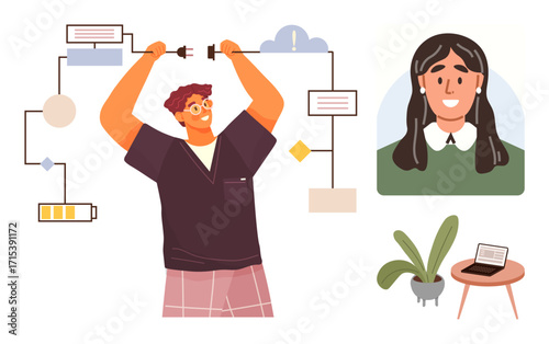 Person adjusting workflow settings with connecting cables, digital diagram, smiling teammate portrait, laptop, and indoor plant. Ideal for teamwork, innovation, technology, productivity problem