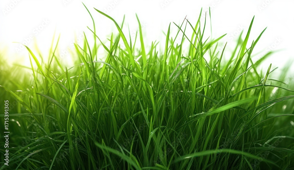 Fototapeta premium Close-up view of fresh green grass blades with morning light softly illuminating them, showing natural vibrant growth and freshness
