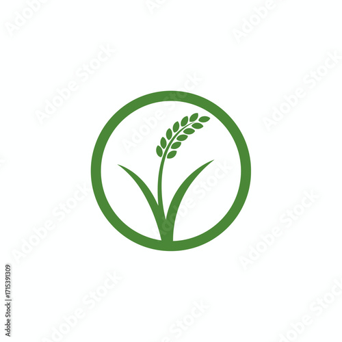 A green circular logo featuring a stylized stalk of rice or wheat, symbolizing natural and organic agriculture products.