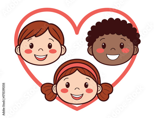 Children of different ethnicities united in a heart symbol of love friendship