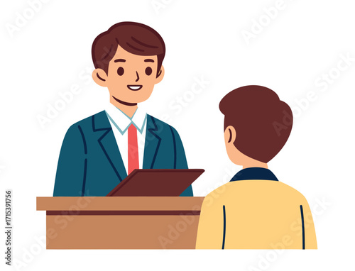 Illustration of a professional presentation with a speaker and an audience member