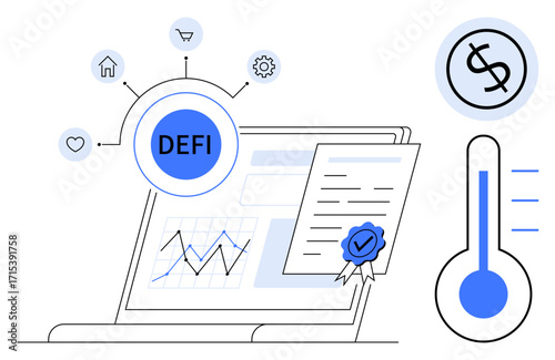 Laptop screen with charts, DeFi hub, connected icons, certification, dollar sign, and thermometer. Ideal for finance, cryptocurrency, blockchain data analysis smart contracts fintech simple flat