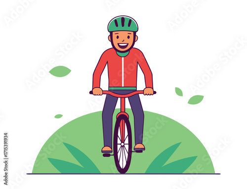 Happy man riding bicycle outdoors wearing helmet and casual clothing