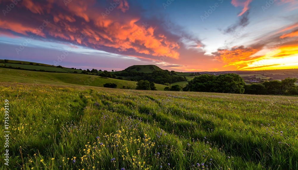 Fototapeta premium Vibrant sunset over rolling hills and wildflowers