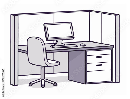 Office cubicle workspace setup with computer chair and desk drawers illustration