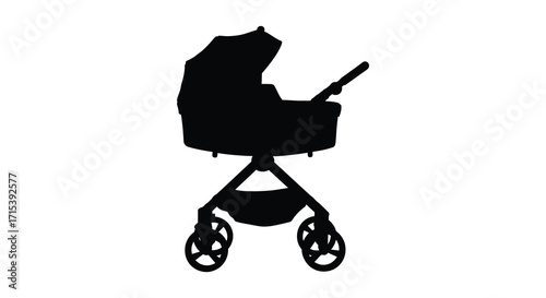 A black silhouette illustration depicts a modern baby stroller or pram
