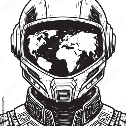 Astronaut helmet reflects planet earth globe silhouette