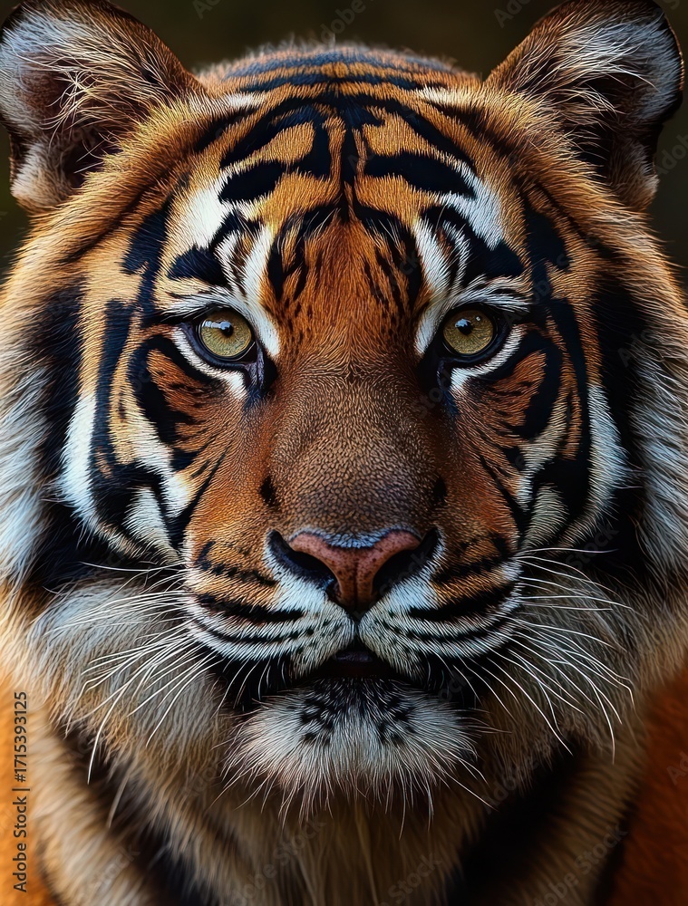 Fototapeta premium Close-up view of a majestic tiger's face with intense amber eyes and detailed striped fur under soft lighting