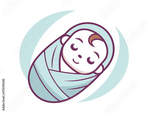 Cute newborn baby swaddled in a light blue blanket illustration