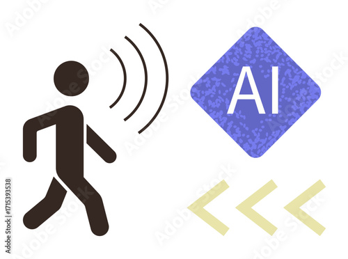 Person emitting sound waves toward AI symbol, denoting communication. Ideal for artificial intelligence, human-computer interaction, tech innovation, sound recognition, voice assistant, data flow