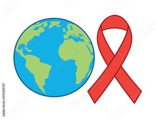 World AIDS Day symbol red ribbon next to the earth illustration