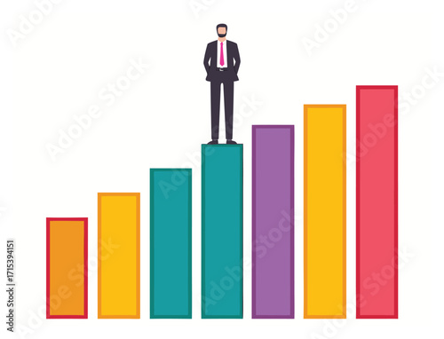 Businessman standing on top of the highest bar in a business graph