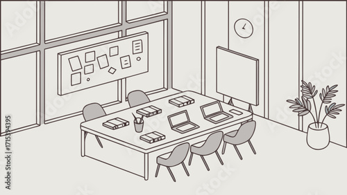 Illustration of modern office meeting room with table chairs laptops and whiteboard for business