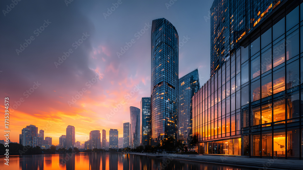 Obraz premium modern corporate hub with sunset reflections on glass office building facade urban skyline evening cityscape dusk business center tower workplace headquarters and architecture