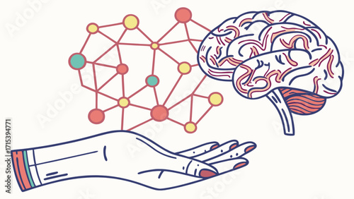 Brain health and mental wellness concept with network connection for cognitive function and hand