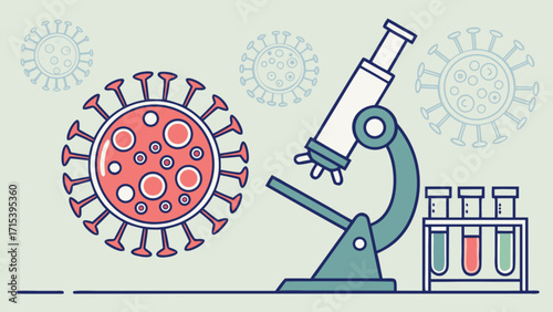 Coronavirus research and development with microscope and test tubes for medical science vector art