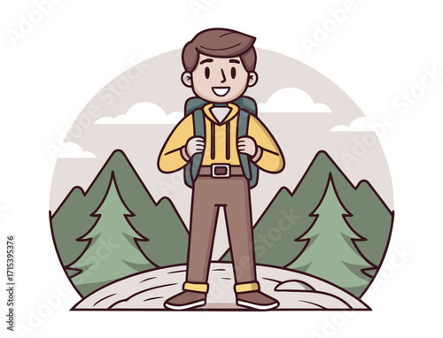 Happy hiker cartoon character enjoying the mountain view and scenery