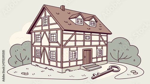 Cartoon half timbered house with key on the lawn illustration for real estate and home ownership