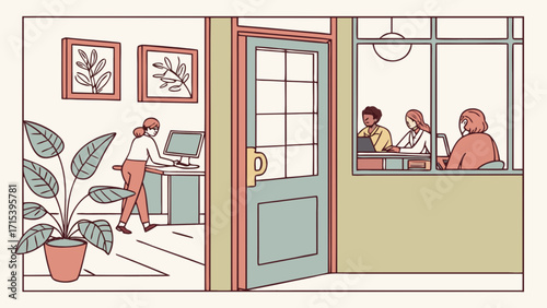 Illustration of office workplace with employees working at desks and woman wearing mask at computer