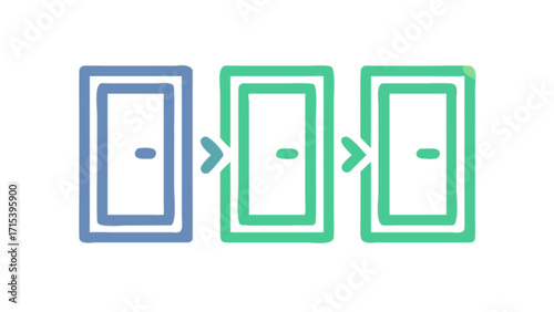 Three doors concept illustration showing sequential steps or process with arrows between them