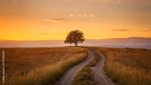 Scenic rural dirt road leading through golden fields towards a solitary tree at sunset, peaceful countryside landscape ideal for travel, nature, serenity, and inspirational photography themes