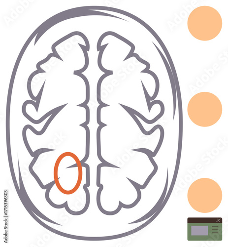 Brain anatomy with highlighted section, three orange neural icons, and a compact device interface. Ideal for neuroscience, anatomy, education, cognitive research, health technology, diagnostics