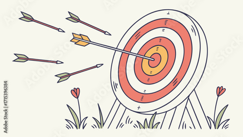 Target practice archery with arrows bullseye and flowers vector illustration for accuracy concept