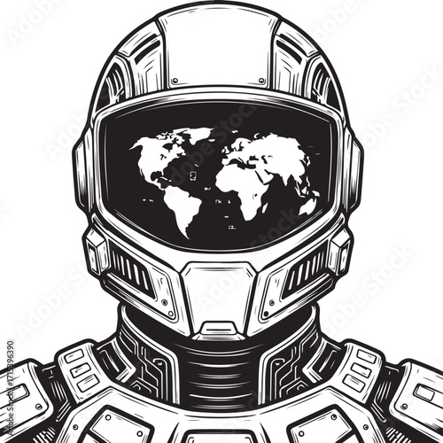 Astronaut helmet reflects planet earth silhouette