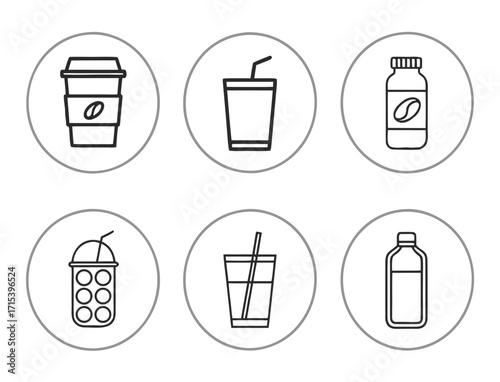 Minimalist outline style illustration of a variety of different beverage containers