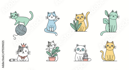 Cute cartoon cats in different poses and expressions, playful illustration for children, pet lovers, and creative design concepts.