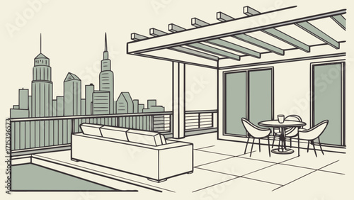 Modern city rooftop terrace with pergola, outdoor furniture, and skyline view illustration